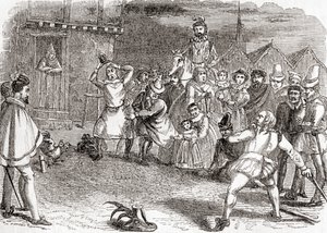 Cock throwing, ook bekend als cock-shying of throwing at cocks, uit Old England: A Pictorial Museum, pub. 1847 door English School