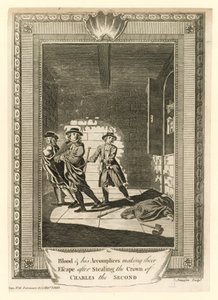 Kolonel Blood en zijn handlangers ontsnappen na het stelen van de kroon van koning Karel II door English School