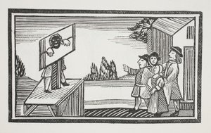 Veroordeeld om een uur of langer in de schandpaal te staan, illustratie uit Chap-books van de achttiende eeuw door John Ashton, uitgegeven 1882