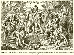 Conflict tussen Romeinen en Duitsers.--Germanicus begraaft de botten van de legionairs van Varus