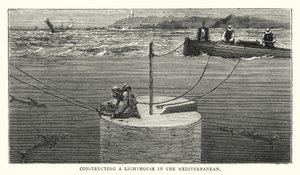 Bouw van een vuurtoren in de Middellandse Zee (gekleurde gravure) door English School