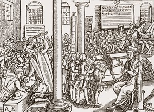 Hedendaagse houtsnede van een Tudor-grammatica school door English School