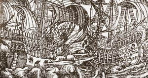 Hedendaagse houtsnede van oorlogsschip op zee door English School