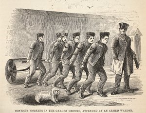 Gevangenen aan het werk in de tuin, begeleid door een gewapende bewaker, illustratie uit The Criminal Prisons of London and Scenes from Prison Life door Henry Mayhew en John Binny, uitgegeven in 1862 door English School