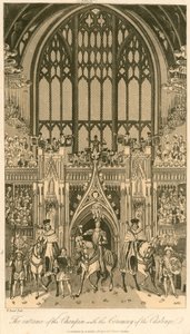 Kroningsbanket van Koning George IV in Westminster Hall, 17 juli 1821; De entree van de kampioen met de ceremonie van de uitdaging door English School