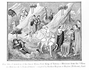 Kroning van de Grote Khan (Kublai Khan) (1214-94) Eerste Koning van Tartary, uit de Fleur des Histoires de la Terre d