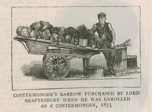 Straatverkoperskar gekocht door Lord Shaftesbury toen hij werd ingeschreven als straatverkoper, 1875