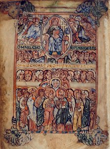 Christus in Majesteit omringd door werktuigen van de Passie, en koren van engelen en profeten, illustratie uit de 
