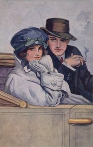 Paar zittend in een auto (kleurenlitho)