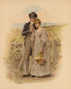 Flirtend paar wandelend op het platteland (chromolitho) door English School