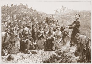 Covenanters die aanbidden aan de oevers van de Whitadder, illustratie uit De Geschiedenis van het Protestantisme door James Aitken Wylie, 1878
