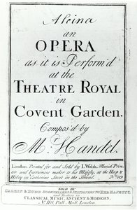 Omslag van bladmuziek voor Alcina, een opera door Handel, gepubliceerd in 1735 door English School