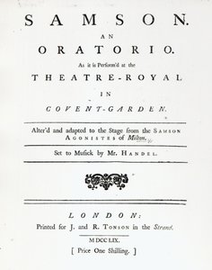 Omslag van bladmuziek voor Samson, een oratorium door Handel, gepubliceerd in 1759 door English School