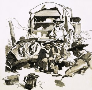 Cowboys verzameld rond een chuckwagon door English School