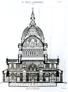 Dwarsdoorsnede, kijkend naar het oosten, van de St. Paul