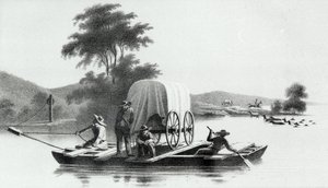 Oversteek van de Platte Monding van Deer Creek, uit Verkenning en Onderzoek van de Vallei van het Grote Zoutmeer van Utah door Howard Stansbury, gepubliceerd 1852 door English School