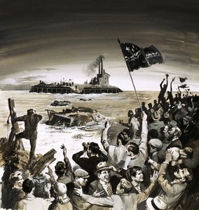 Menigte juicht en zwaait met vlaggen bij de oceaan naar een andere groep vlaggenzwaaiers