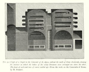 Crypte van een Kapel in de Catacombe van Sint Agnes, buiten de muren van Rome (gerestaureerd), toont de manier waarop de lichamen van de vroege christenen boven elkaar werden geplaatst door English School