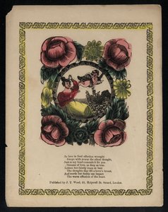 Cupido en vrouw in een tuin omringd door bloemen, liefdesgedicht