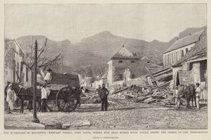 Schade aan Rempart Street, Port Louis, veroorzaakt door de Mauritius-cycloon van 1892 door English School