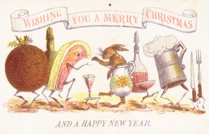 Dansend eten, bestek en servies, kerstkaart