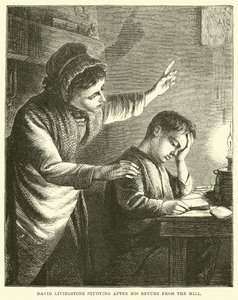 David Livingstone studeert na zijn terugkeer van de molen door English School