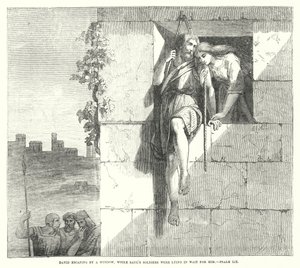 David ontsnapt door een raam, terwijl Sauls soldaten op hem wachten, Psalm LIX (gravure) door English School