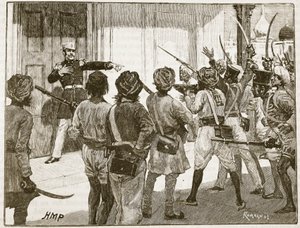 De Kantzow verdedigt de schatkist in Mynpooree, illustratie uit Cassells Illustrated History of England door English School
