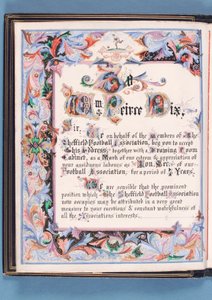 Toewijding van een toespraak gepresenteerd door de Sheffield Voetbalbond aan William Pierce-Dix bij zijn pensionering als Secretaris, 1882 (inkt op papier) door English School