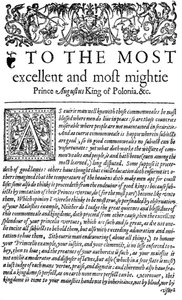 Opdracht aan de koning van Polen Sigismund II Augustus I in De Raadgever, de eerste Engelse vertaling van Wawrzyniec Grzymała Goślicki