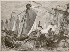 Nederlaag van de Franse vloot in het Engelse Kanaal, illustratie uit Cassells Geïllustreerde Geschiedenis van Engeland