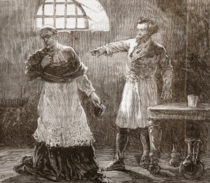 Denis berispt de bisschop van Meaux, illustratie uit De Geschiedenis van het Protestantisme door James Aitken Wylie, gepubliceerd in 1878 door English School