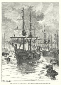 Vertrek van de Alert en Discovery uit Portsmouth (gravure) door English School