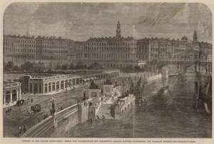 Ontwerp voor aanlegsteigers en sierlijke tuinen tussen Hungerford en Waterloo Bridges door English School