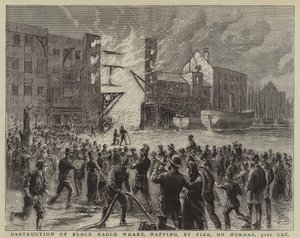 Verwoesting van Black Eagle Wharf, Wapping, door brand, op maandag 31 maart (gravure) door English School