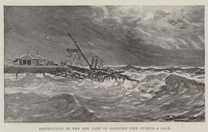Vernietiging van het nieuwe deel van Sandown Pier tijdens een storm door English School