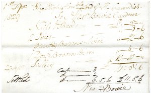 Devonshire MSS AS 3101, folio uit een bundel rekeningen vereffend door Pinder Simpson voor Lord George Cavendish, inclusief de rekening van Alexander Bowie door English School