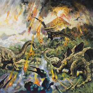Dinosaurussen en vulkanen (gouache op papier)