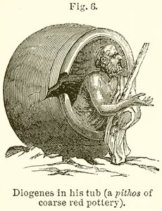 Diogenes in zijn ton (een pithos van grof rood aardewerk) door English School