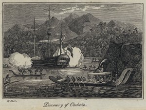 Ontdekking van Otaheite (gravure) door English School