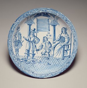 Schaal met koningin Catherine zittend terwijl een knielende ridder een schoen past, 1677