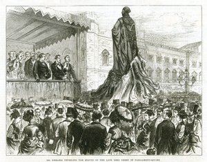 Disraeli onthult het standbeeld van de overleden Lord Derby op Parliament Square, Westminster door English School