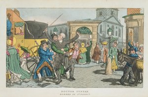 Doctor Syntax beroofd in St. Giles, uit The Tour of Doctor Syntax through London, or the Pleasures and Miseries of the Metropolis. Een gedicht, gepubliceerd 1820 door English School