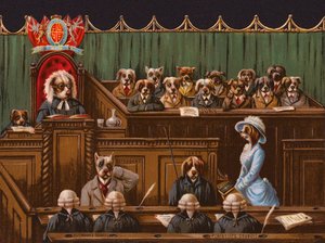 Honden in een rechtszaalscène (chromolitho) door English School