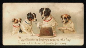 Honden serveren een kerstpudding, kerstkaart door English School