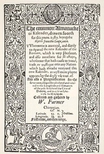 Dubbele Almanak (gewoon en nieuw) en voorspelling voor Dublin voor 1587, door W. Farmer, gedrukt door Watkins en Roberts, 1587 door English School
