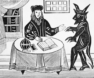 Dr. Faustus in Overleg met de Duivel, uit Gents vertaling van Dr. Faustus door Christopher Marlowe (1564-93) 1648 uit een verzameling chapbooks over esoterica