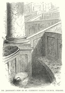 Dr Johnsons kerkbank in St Clement Danes Church, Strand (gravure)