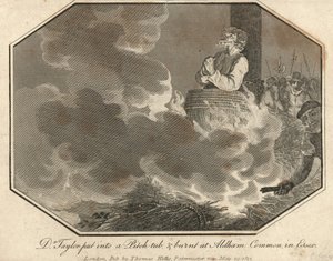 Dr Taylor in een pekkuip gestopt en verbrand bij Aldham Common in Essex (gravure) door English School