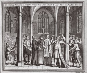Dr. Taylor berispt een pauselijke priester die op het punt stond de mis op te dragen in de kerk van Hadley, illustratie uit Foxes Martelaren ca. 1703